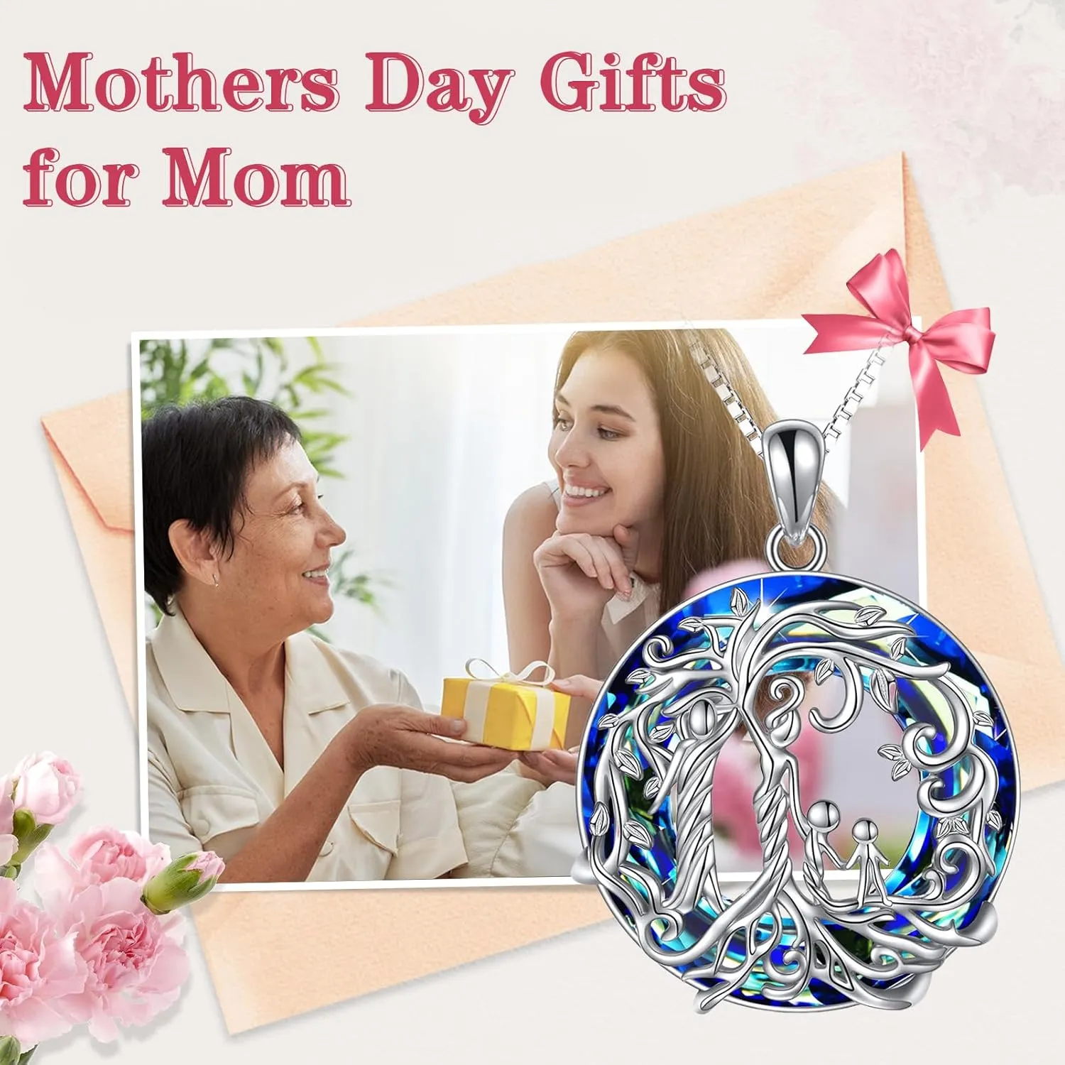TOUPOP Gifts for Mom, Mothers and Daughter/Son Necklace, 925 Sterling Silver Tree of Life Pendant Family Crystal Jewelry Birthday Christmas Gifts for Women Mother Grandma Wife