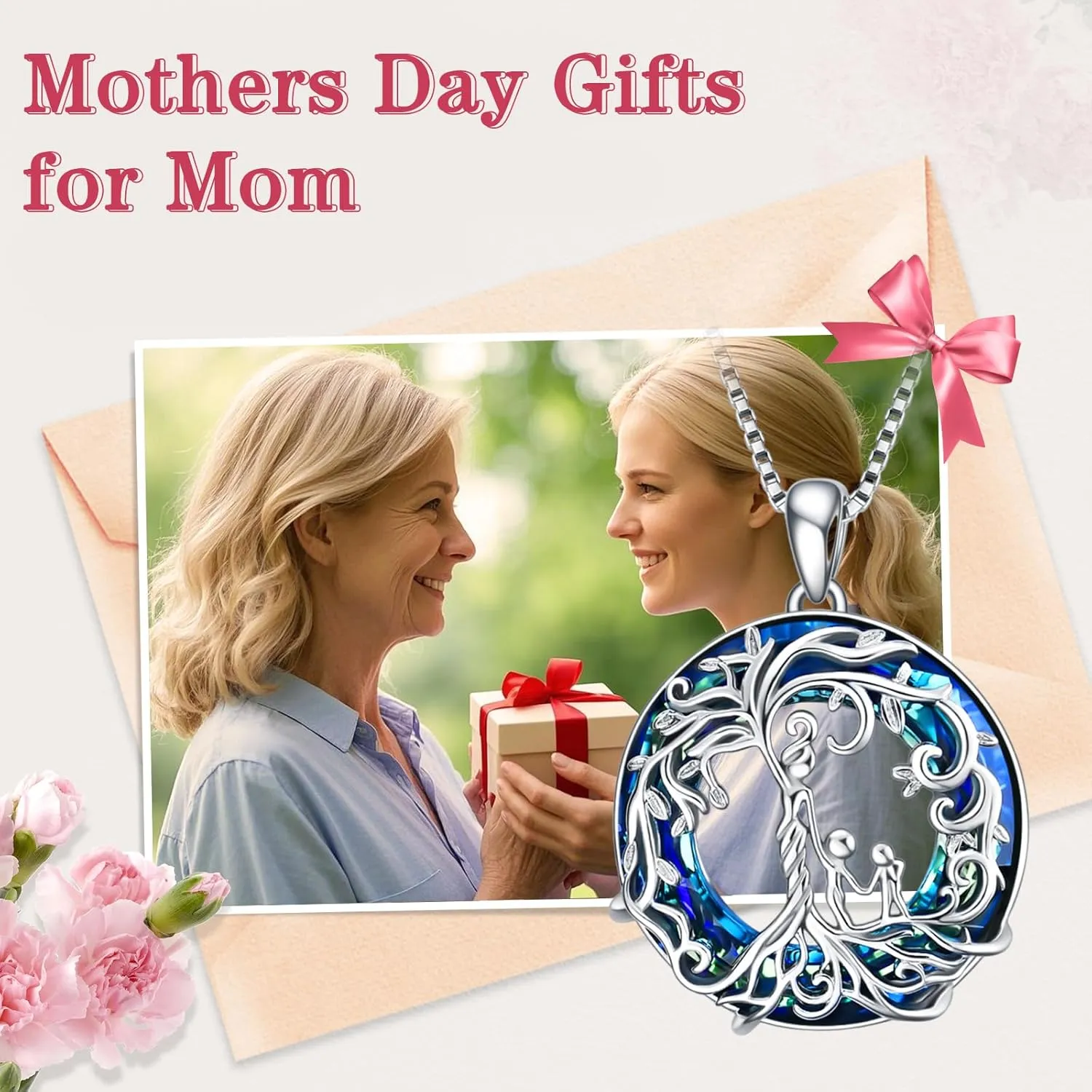 TOUPOP Gifts for Mom, Mothers and Daughter/Son Necklace, 925 Sterling Silver Tree of Life Pendant Family Crystal Jewelry Birthday Christmas Gifts for Women Mother Grandma Wife