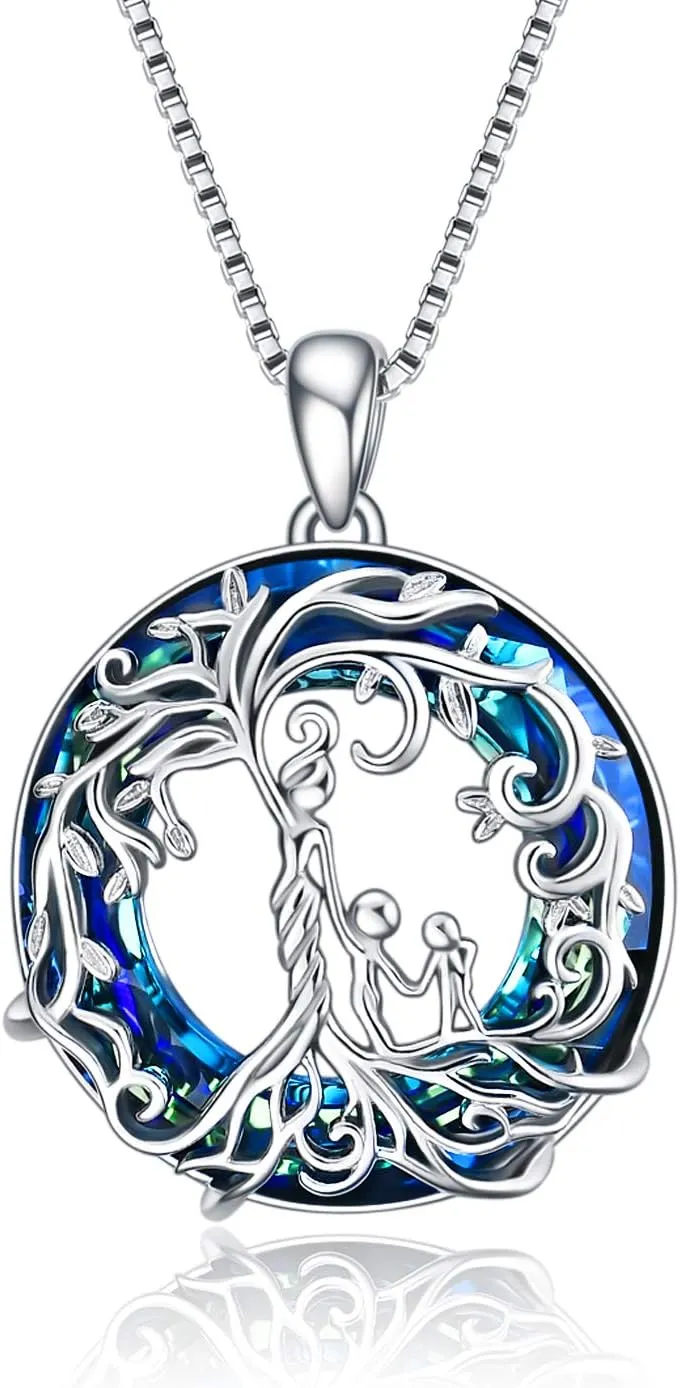 TOUPOP Gifts for Mom, Mothers and Daughter/Son Necklace, 925 Sterling Silver Tree of Life Pendant Family Crystal Jewelry Birthday Christmas Gifts for Women Mother Grandma Wife