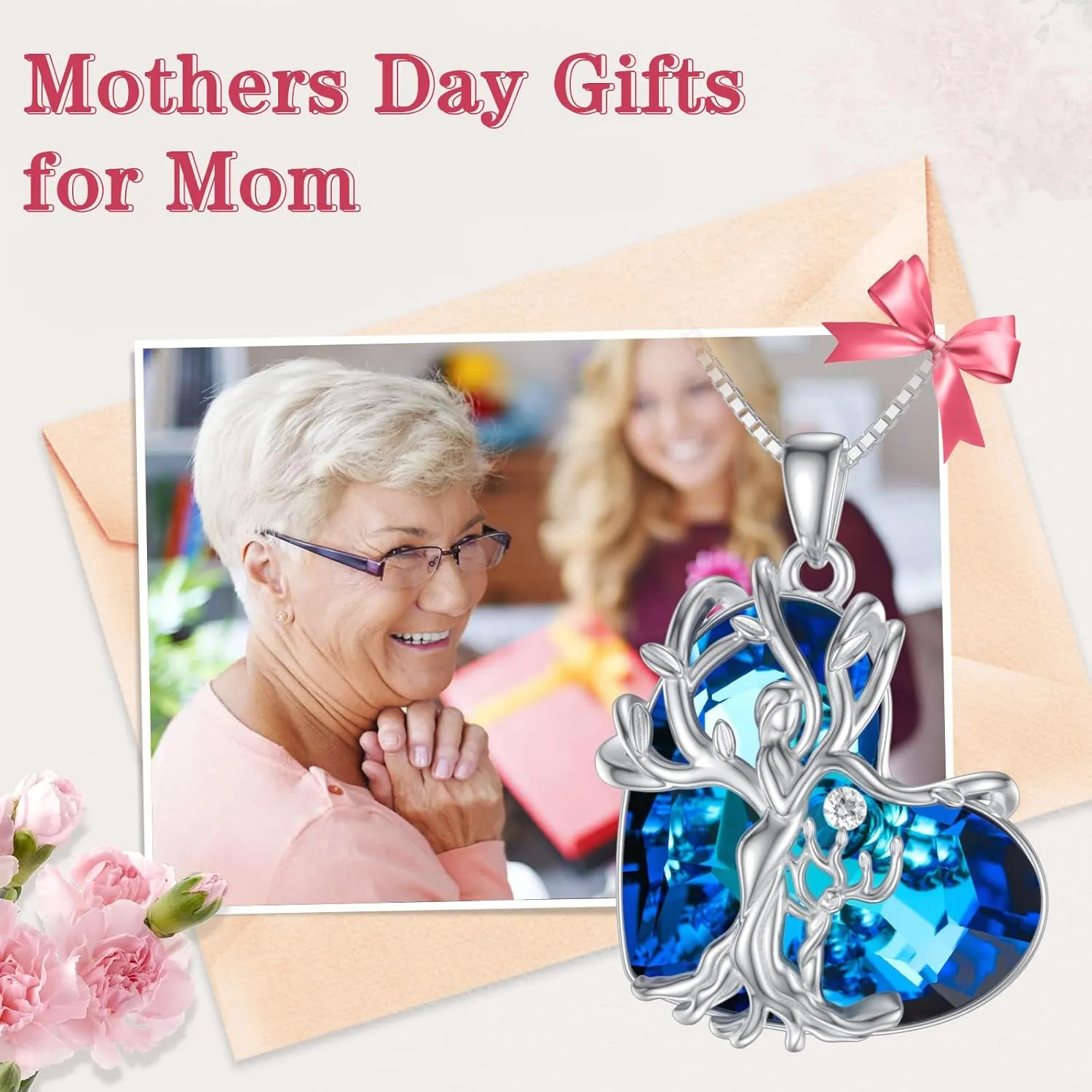 TOUPOP Gifts for Mom, Mothers and Daughter/Son Necklace, 925 Sterling Silver Tree of Life Pendant Family Crystal Jewelry Birthday Christmas Gifts for Women Mother Grandma Wife