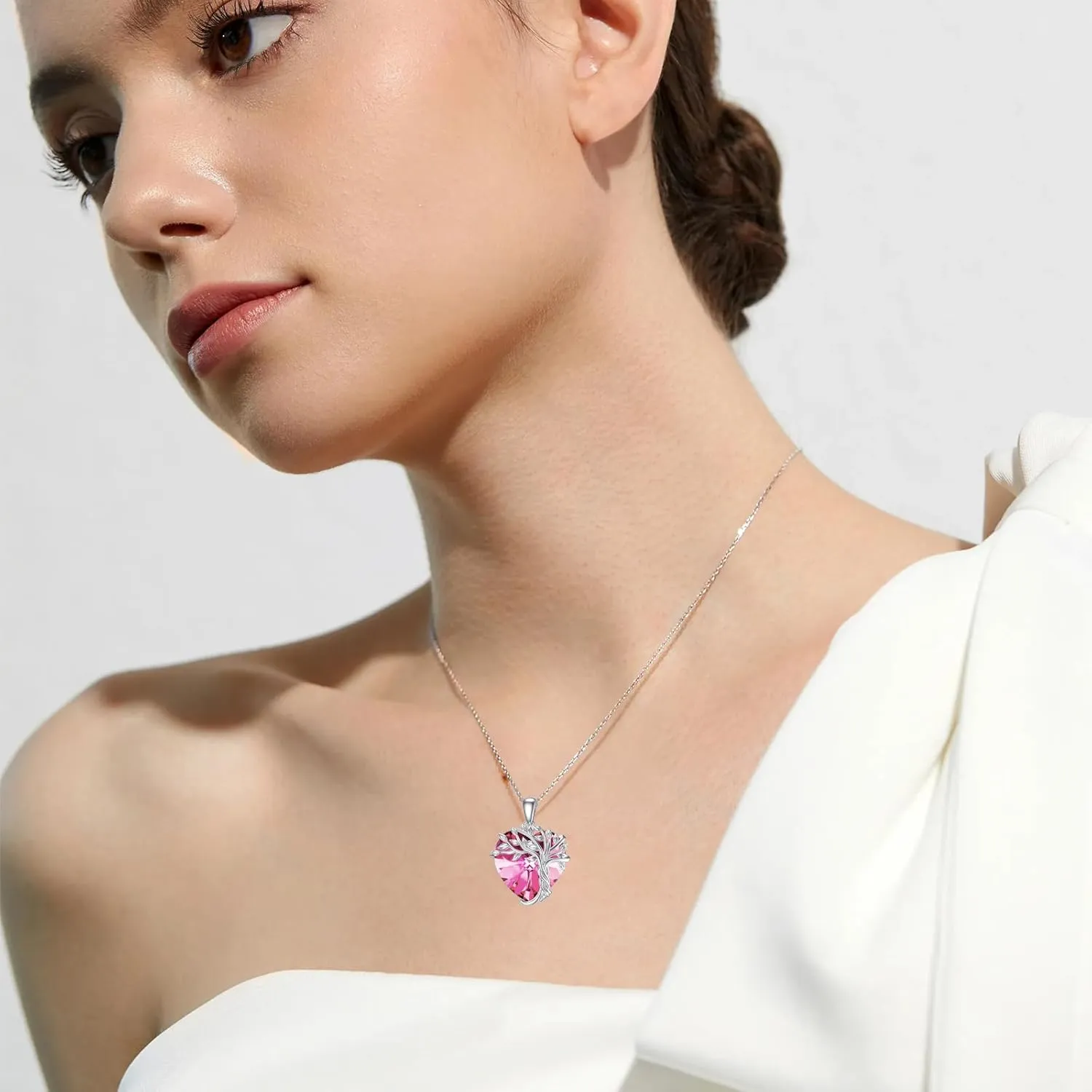 TOUPOP Heart Tree of Life for Necklace Women 925 Sterling Silver Family Tree Crystal Pendant Birthstone Jewelry Birthday Mothers Day Gifts for Mom Wife Her