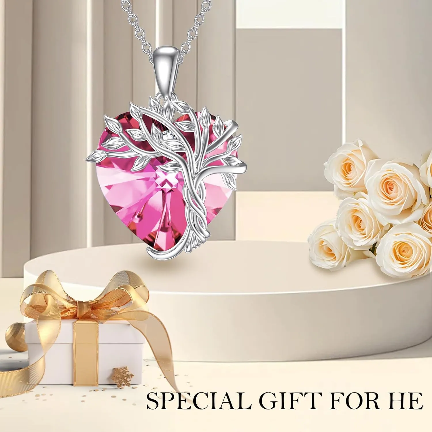 TOUPOP Heart Tree of Life for Necklace Women 925 Sterling Silver Family Tree Crystal Pendant Birthstone Jewelry Birthday Mothers Day Gifts for Mom Wife Her
