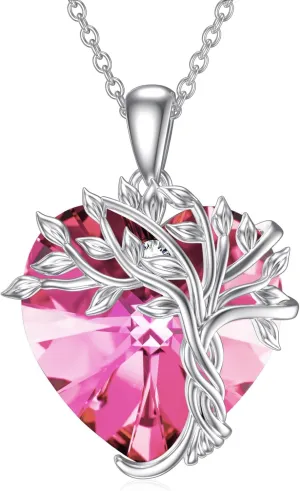 TOUPOP Heart Tree of Life for Necklace Women 925 Sterling Silver Family Tree Crystal Pendant Birthstone Jewelry Birthday Mothers Day Gifts for Mom Wife Her
