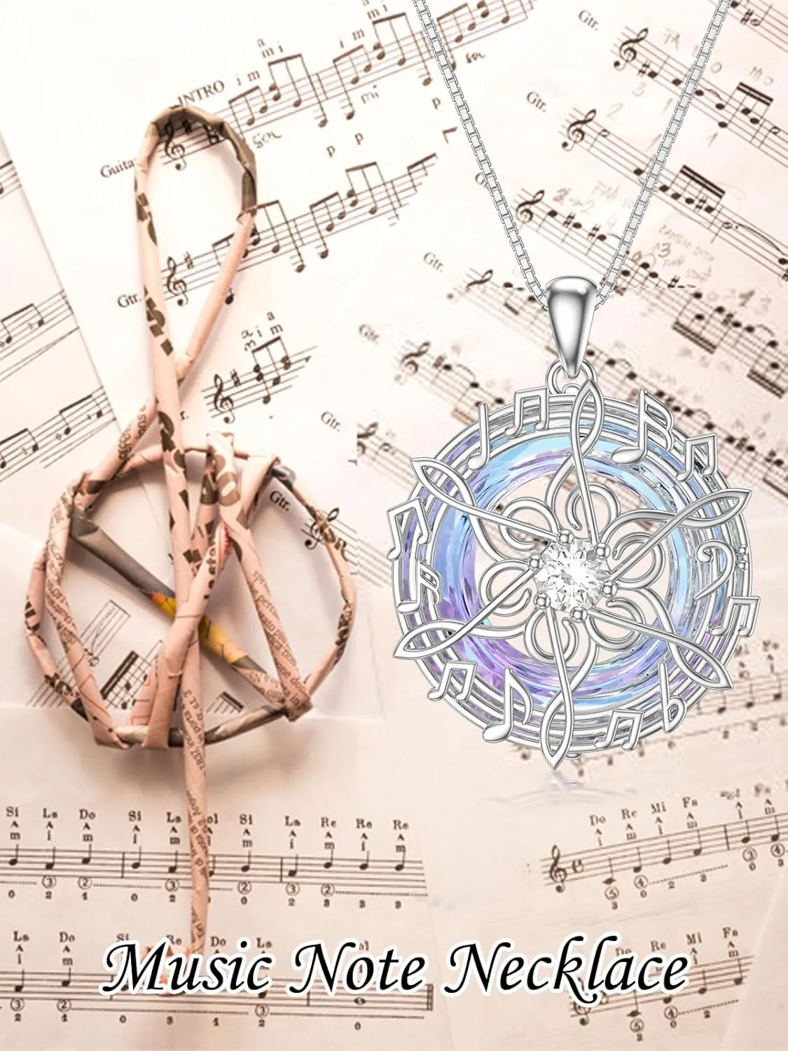 TOUPOP Music Lover Necklace for Women - S925 Sterling Silver Rotating Note Pendant With Blue Crystal - Musical Jewelry Gift for Her, Mom, Birthday