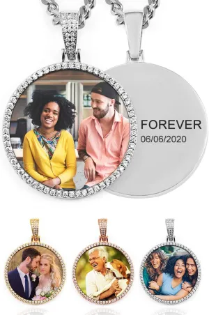 TUHE Hip Hop Custom Picture & Name Necklace Personalized 18K Gold Plated Iced Out Round Pendant Photo Necklace for Men Women Memory Charm Chain Necklace Customized with Text Engraving & Picture