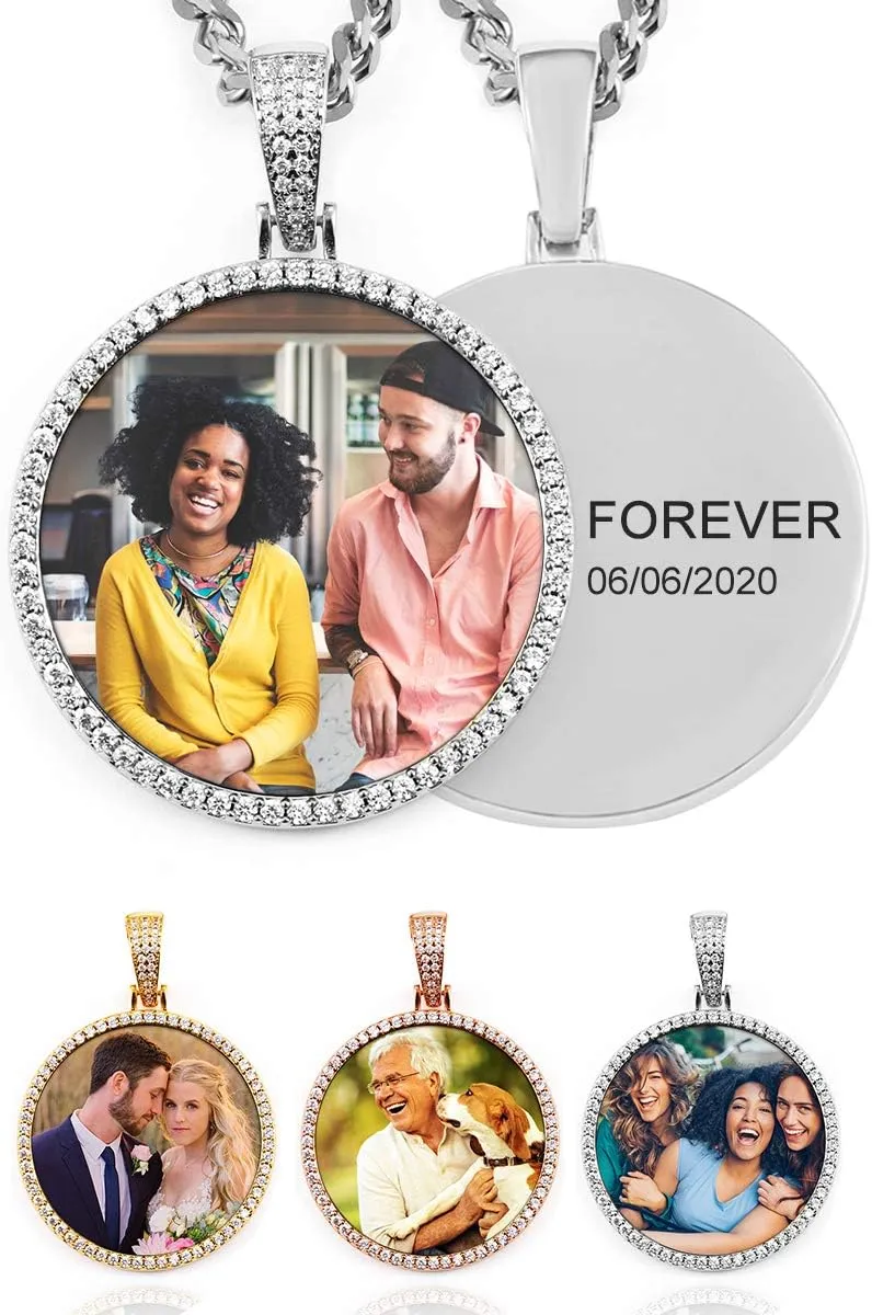 TUHE Hip Hop Custom Picture & Name Necklace Personalized 18K Gold Plated Iced Out Round Pendant Photo Necklace for Men Women Memory Charm Chain Necklace Customized with Text Engraving & Picture