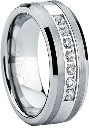 Tungsten Carbide Cubic Zirconia Pav Channel Men's Engagement Wedding Band Ring 8MM
