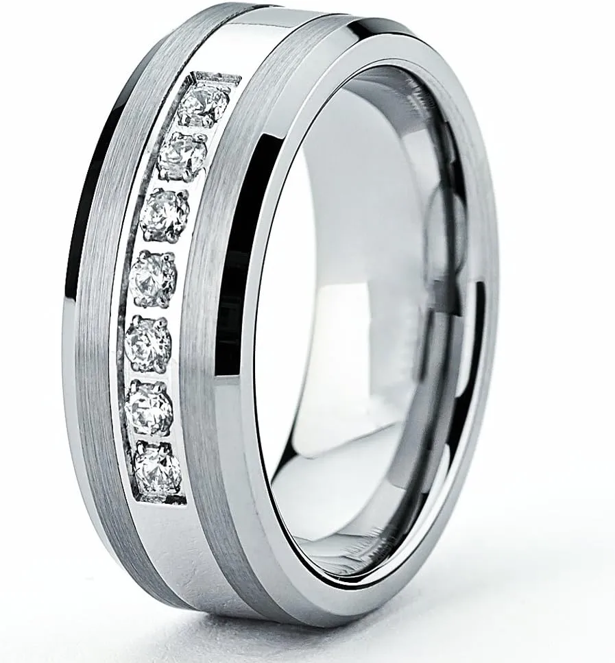 Tungsten Carbide Cubic Zirconia Pav Channel Men's Engagement Wedding Band Ring 8MM