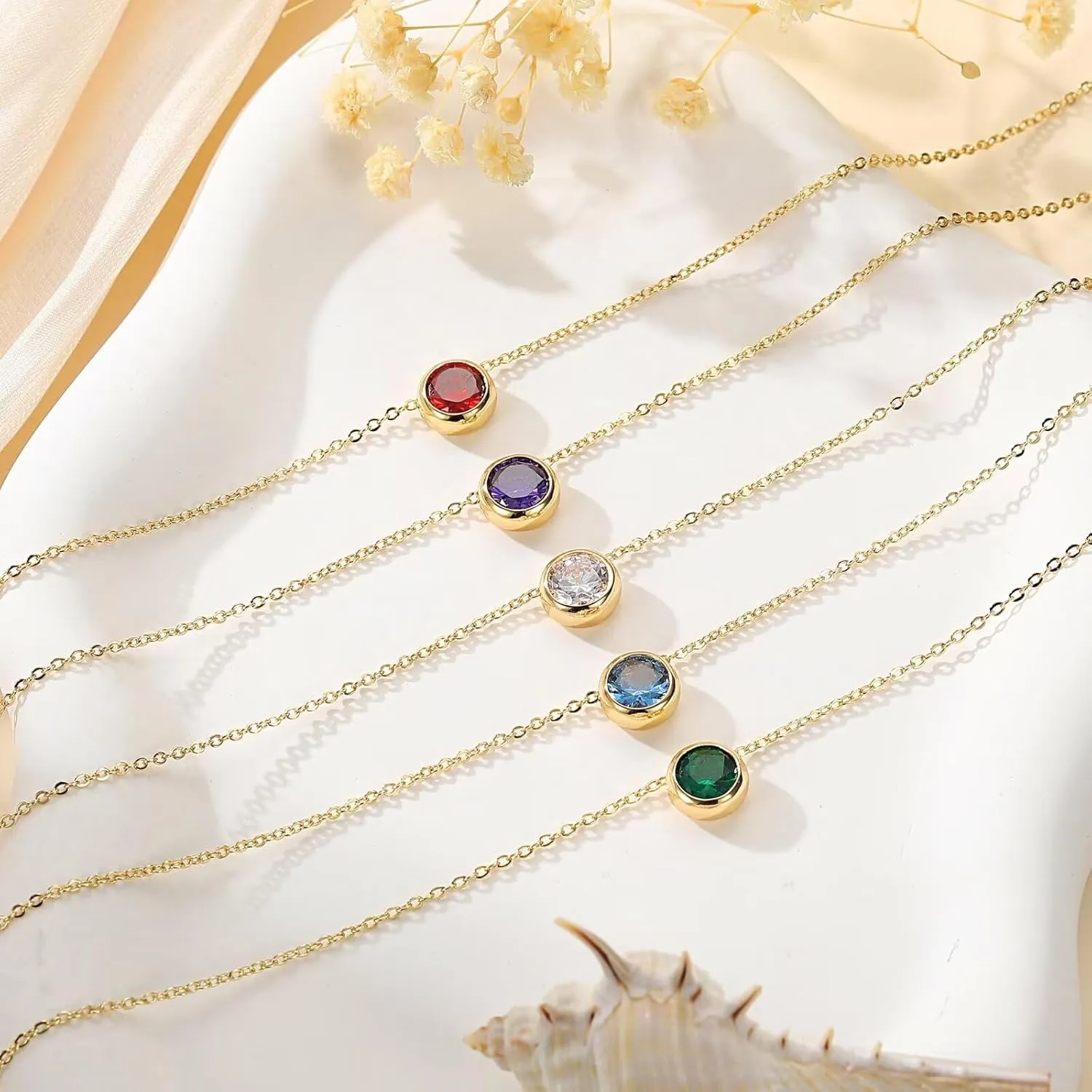Turandoss Birthstone Necklace for Women, Dainty 14K Gold Plated Red Blue Green Diamond Emerald Birthstone Necklace 12 Month Birthstone Jewelry Birthday Gifts for Women Teen Girls