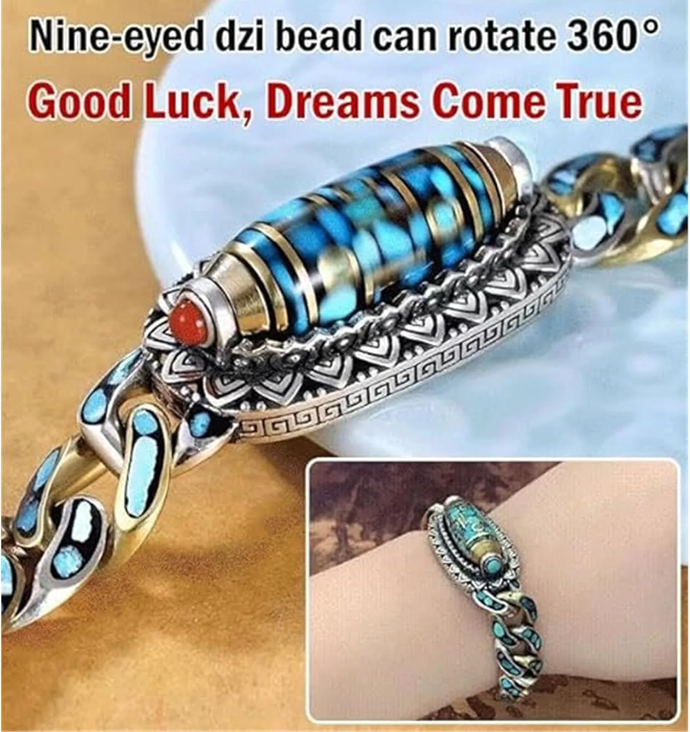 Turquoise Six-character Mantra Nine-eyed Dzi Bead Bracelet, Tibetan Style Transfer Rotating Meditation Bracelet, Meditation Luck Amulet Bracelet, Feng Shui Amulet Bracelet
