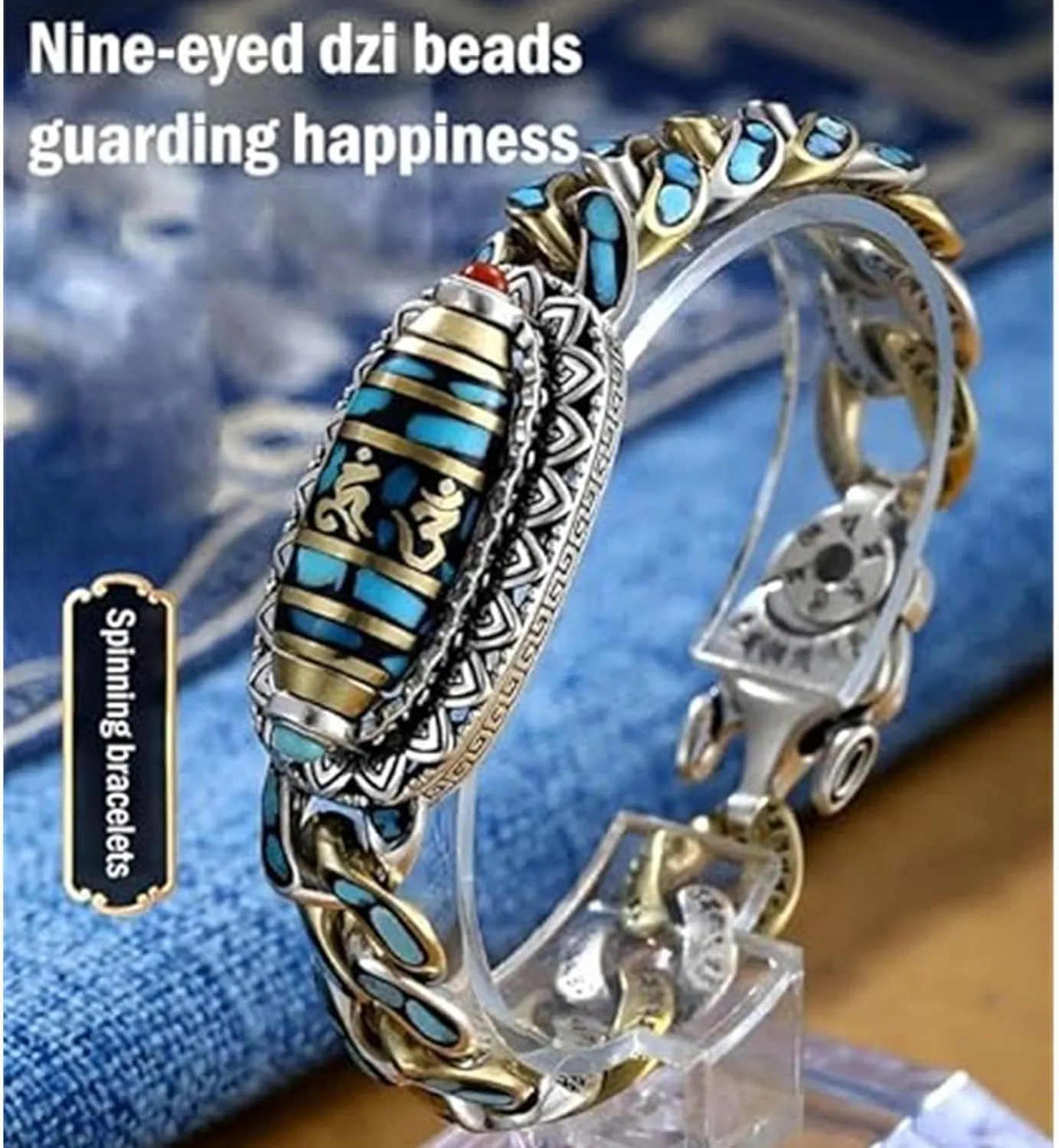 Turquoise Six-character Mantra Nine-eyed Dzi Bead Bracelet, Tibetan Style Transfer Rotating Meditation Bracelet, Meditation Luck Amulet Bracelet, Feng Shui Amulet Bracelet