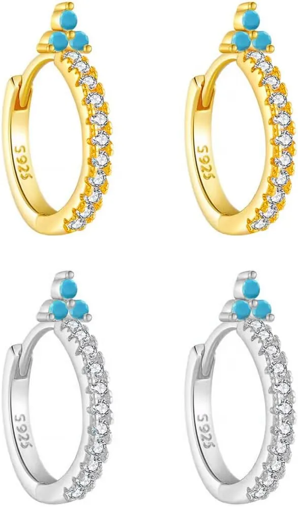 Turquoise Western Small Huggie Hoop Earrings For Women Set,925 Sterling Silver Zircon Hoop Earrings,Birthstone Cartilage Hoops Dainty,Blue Gemstone CZ Dangle Hoops,Fashion Jewelry Gifts.