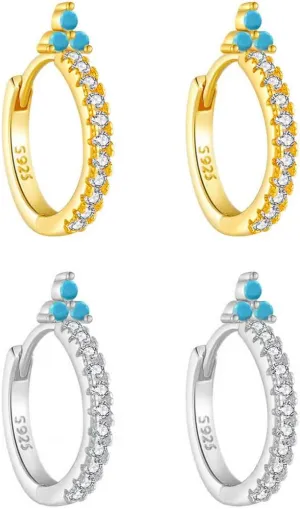 Turquoise Western Small Huggie Hoop Earrings For Women Set,925 Sterling Silver Zircon Hoop Earrings,Birthstone Cartilage Hoops Dainty,Blue Gemstone CZ Dangle Hoops,Fashion Jewelry Gifts.