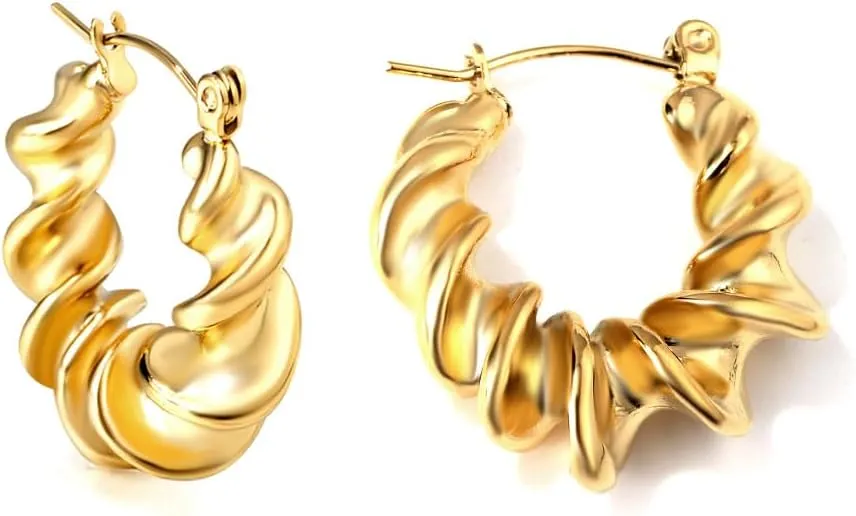 Twisted Gold Plated Hoop Earrings, 18K, non-tarnish