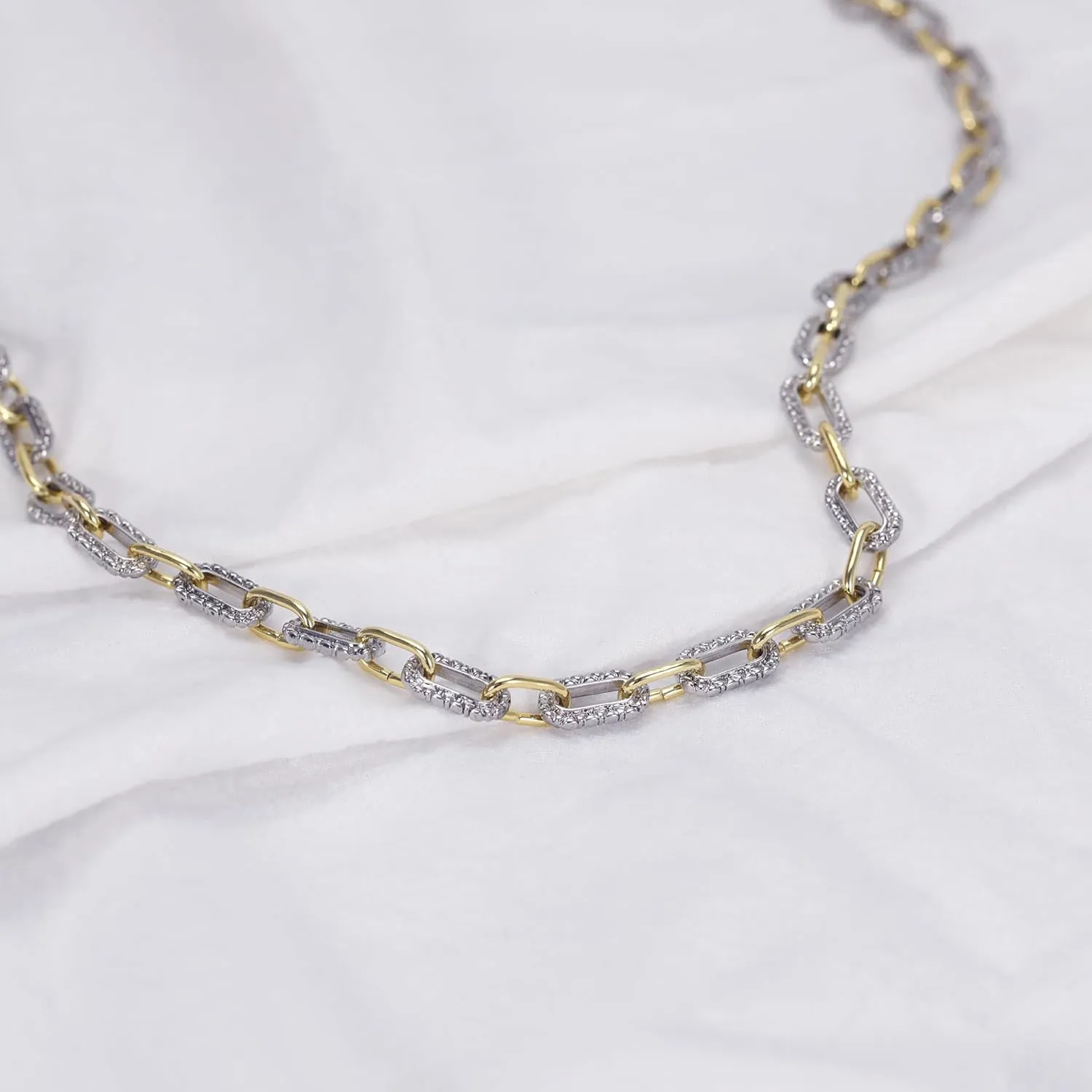 Two-Tone Cable Chain Necklace - Designer Inspired Twisted Rope Oval Link Statement Necklace, Gold Silver Plated Fashion Necklace for Women