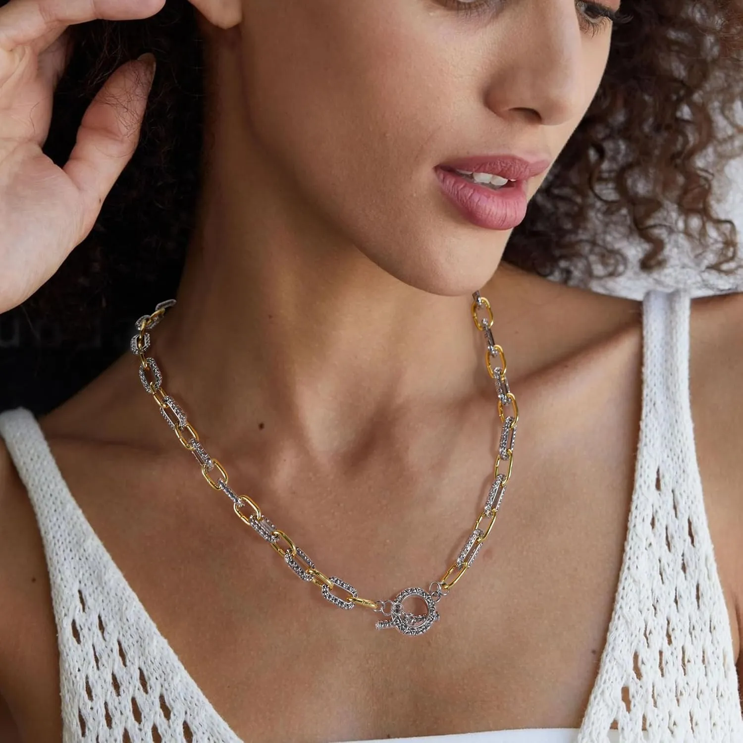 Two-Tone Cable Chain Necklace - Designer Inspired Twisted Rope Oval Link Statement Necklace, Gold Silver Plated Fashion Necklace for Women