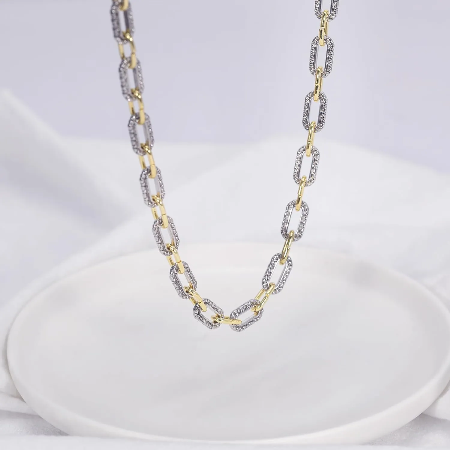 Two-Tone Cable Chain Necklace - Designer Inspired Twisted Rope Oval Link Statement Necklace, Gold Silver Plated Fashion Necklace for Women