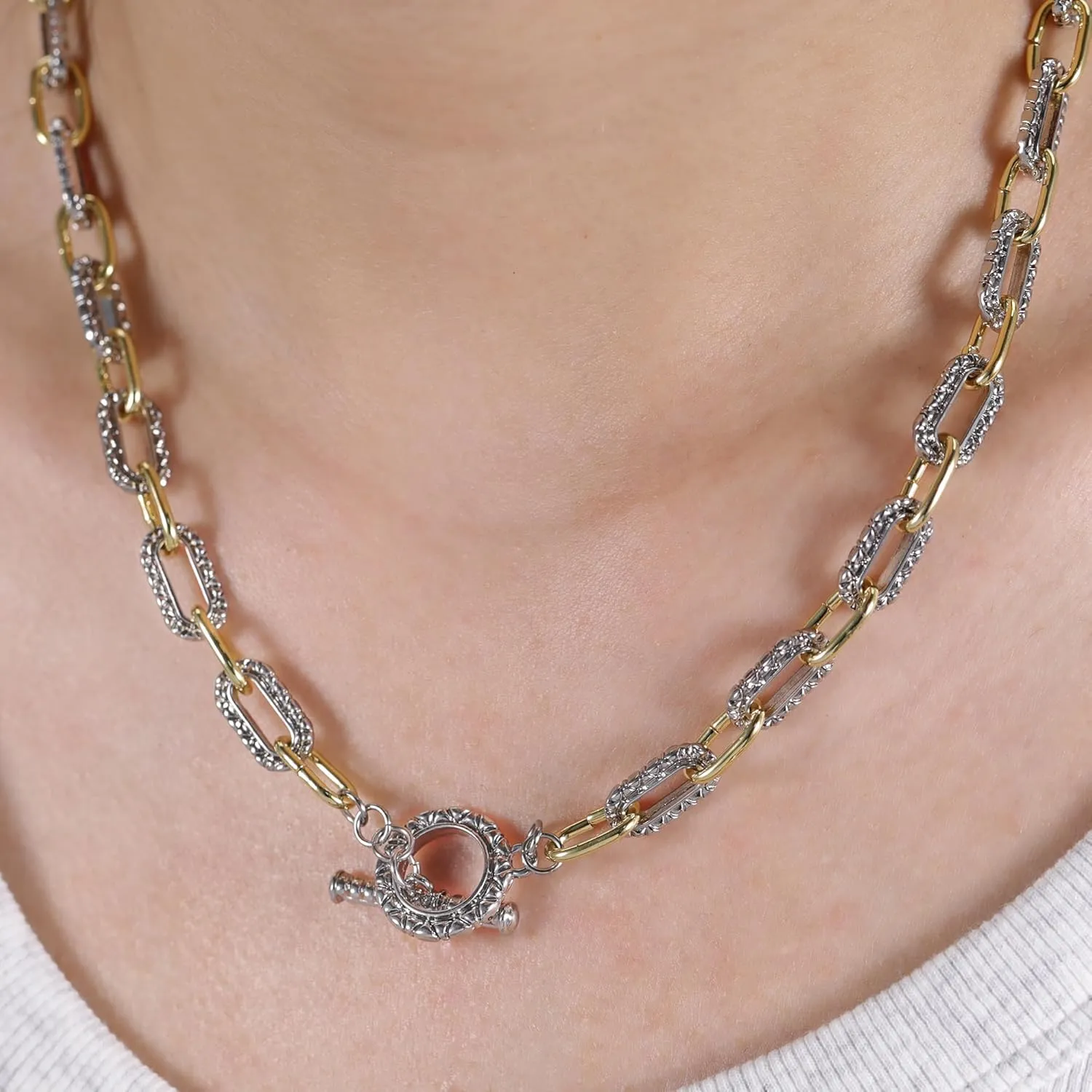 Two-Tone Cable Chain Necklace - Designer Inspired Twisted Rope Oval Link Statement Necklace, Gold Silver Plated Fashion Necklace for Women
