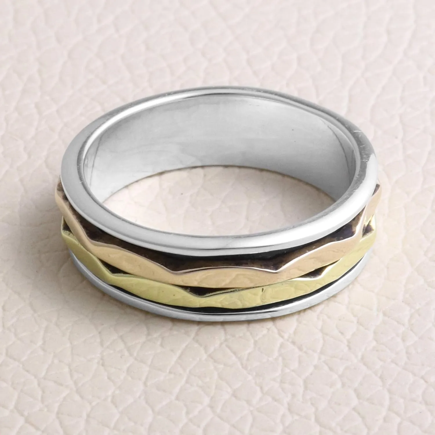 Two Tone Sterling Silver Spinner Ring Silver Ring with Copper and Brass Spinner Fidget Ring Band Ring Meditation Ring 2 Roped Spin Ring 