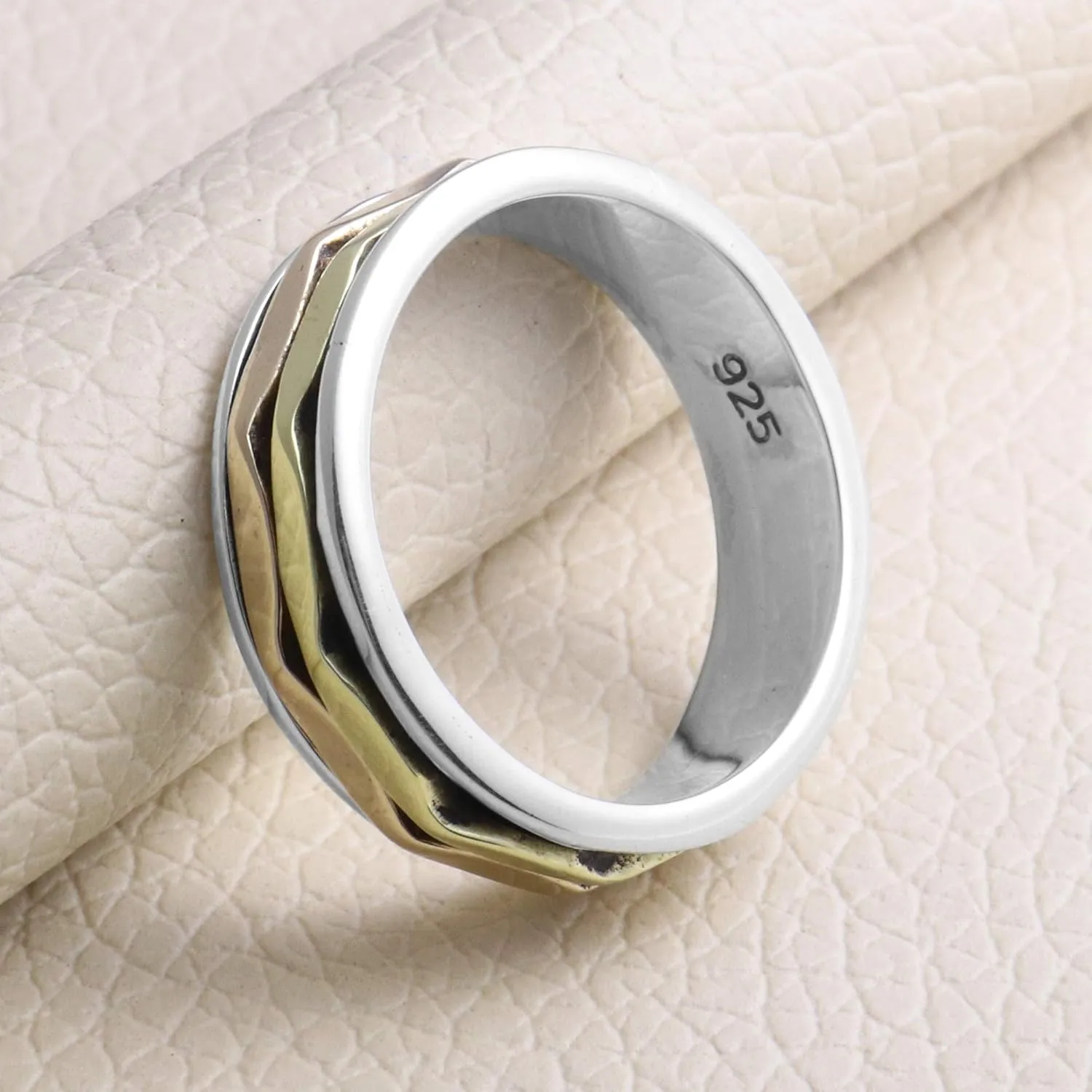 Two Tone Sterling Silver Spinner Ring Silver Ring with Copper and Brass Spinner Fidget Ring Band Ring Meditation Ring 2 Roped Spin Ring 