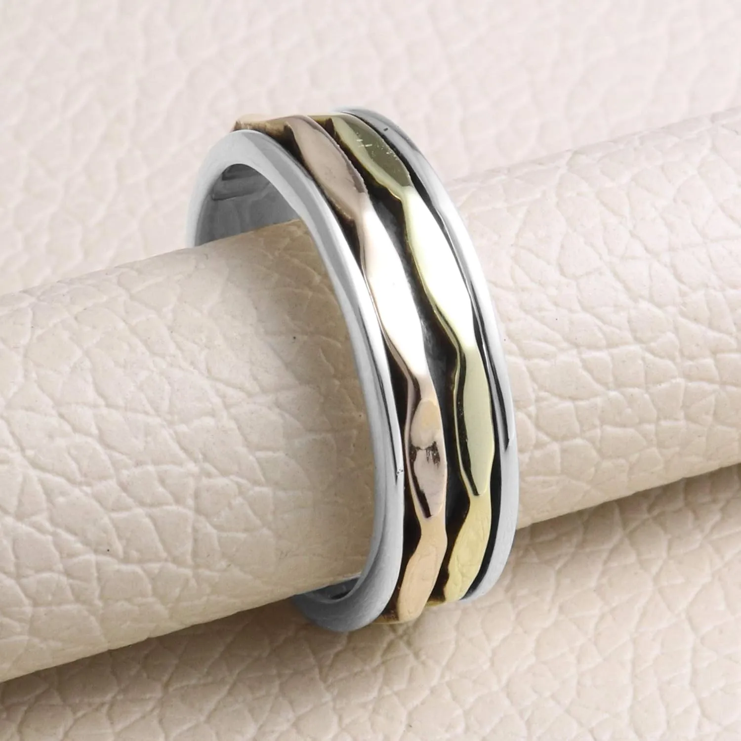 Two Tone Sterling Silver Spinner Ring Silver Ring with Copper and Brass Spinner Fidget Ring Band Ring Meditation Ring 2 Roped Spin Ring 
