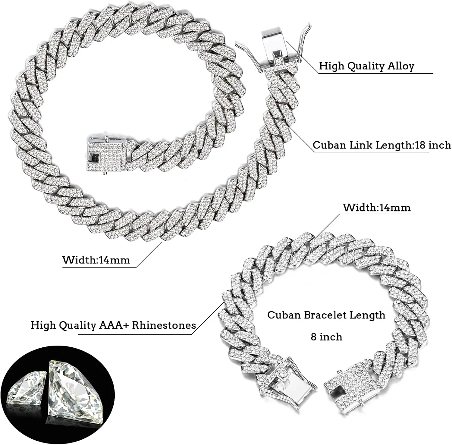 UILZ 2Pcs Cuban Link Bracelet Set for Men Iced Out Miami Cuban Necklace and Bracelet Hip Hop Full CZ Clasp Chain Gift for Him