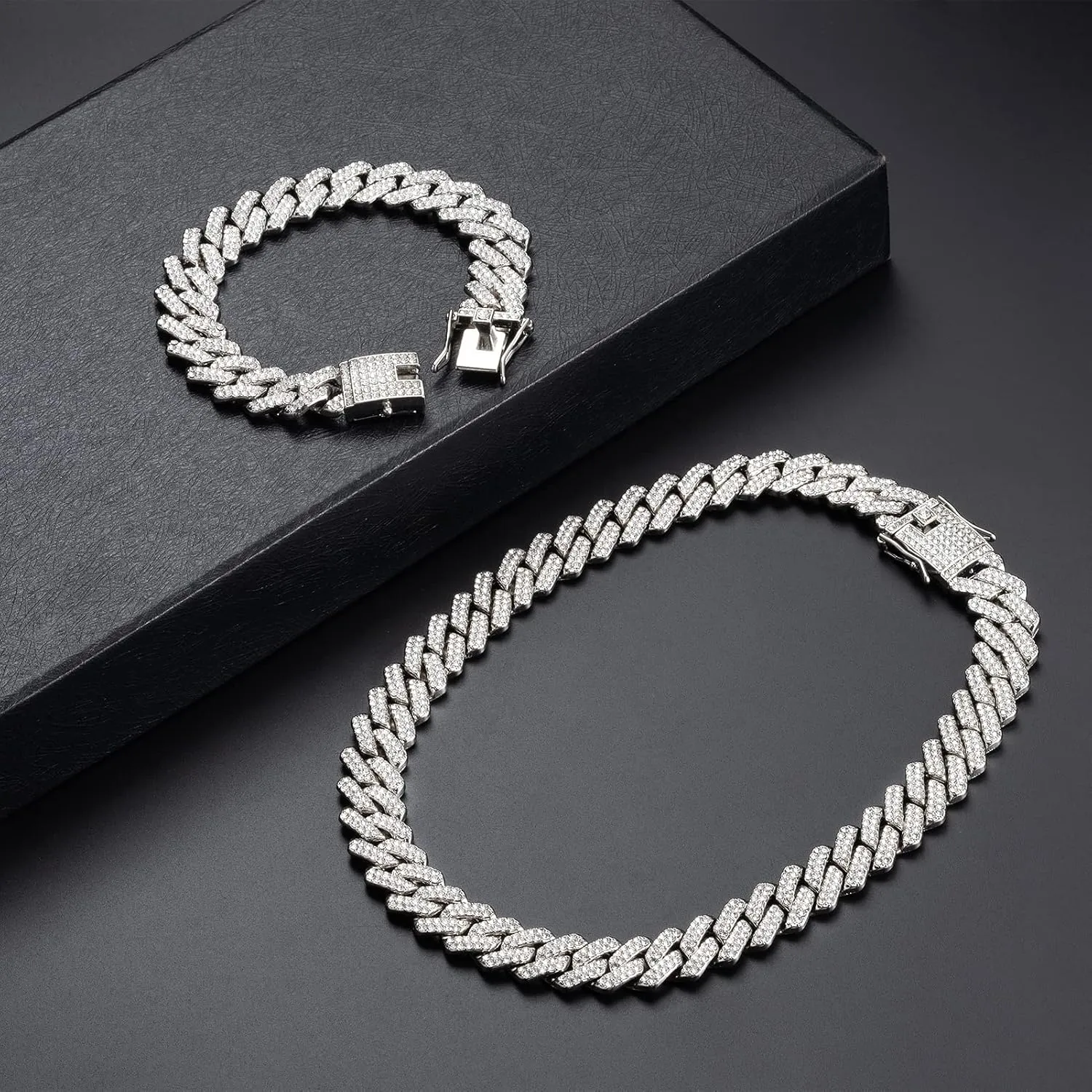 UILZ 2Pcs Cuban Link Bracelet Set for Men Iced Out Miami Cuban Necklace and Bracelet Hip Hop Full CZ Clasp Chain Gift for Him