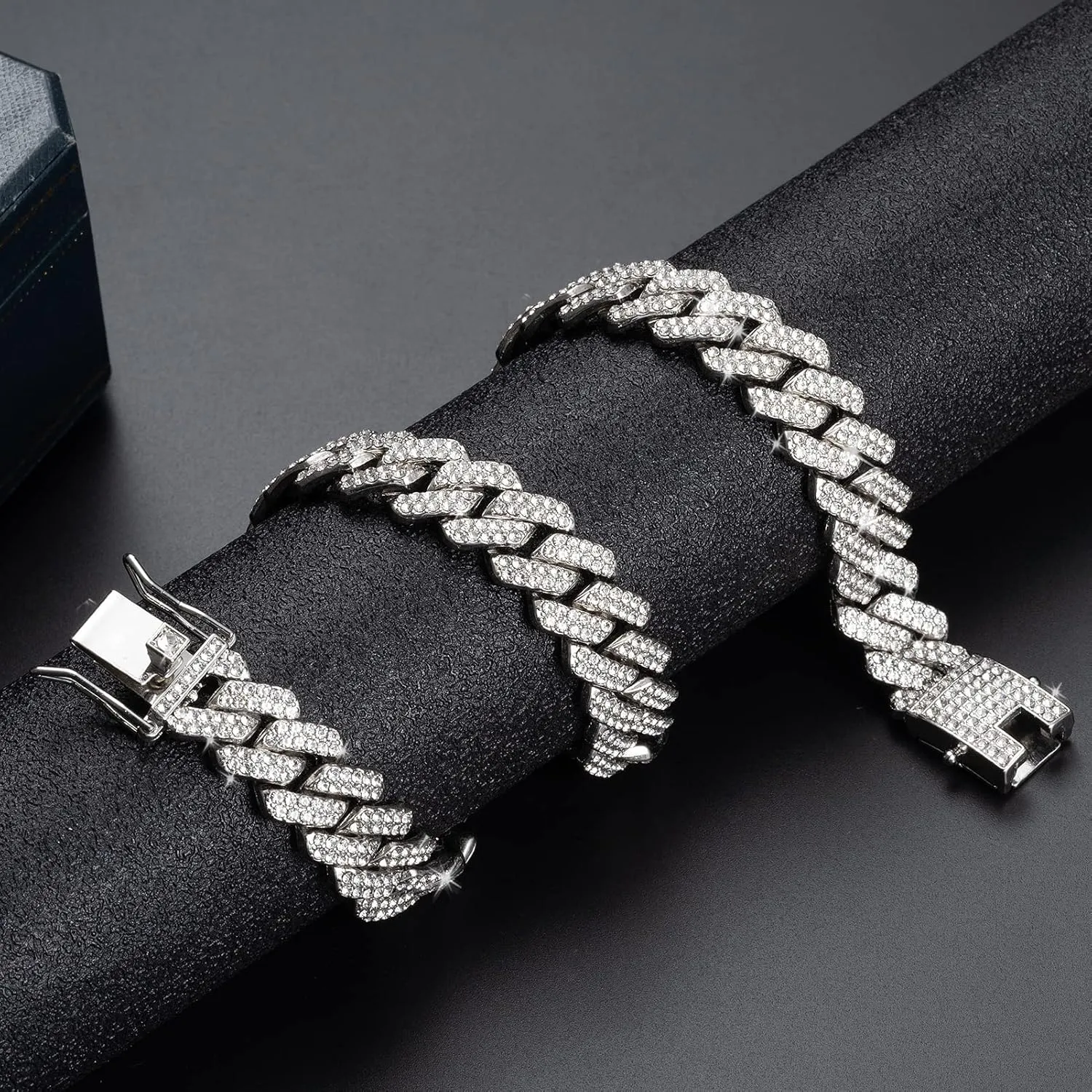 UILZ 2Pcs Cuban Link Bracelet Set for Men Iced Out Miami Cuban Necklace and Bracelet Hip Hop Full CZ Clasp Chain Gift for Him