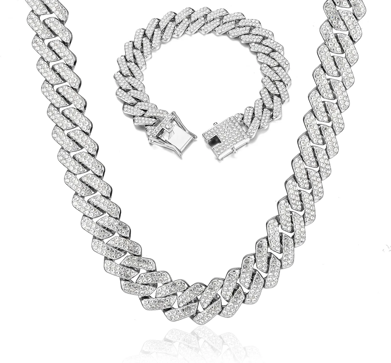 UILZ 2Pcs Cuban Link Bracelet Set for Men Iced Out Miami Cuban Necklace and Bracelet Hip Hop Full CZ Clasp Chain Gift for Him