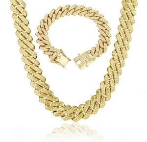 UILZ 2Pcs Cuban Link Bracelet Set for Men Iced Out Miami Cuban Necklace and Bracelet Hip Hop Full CZ Clasp Chain Gift for Him