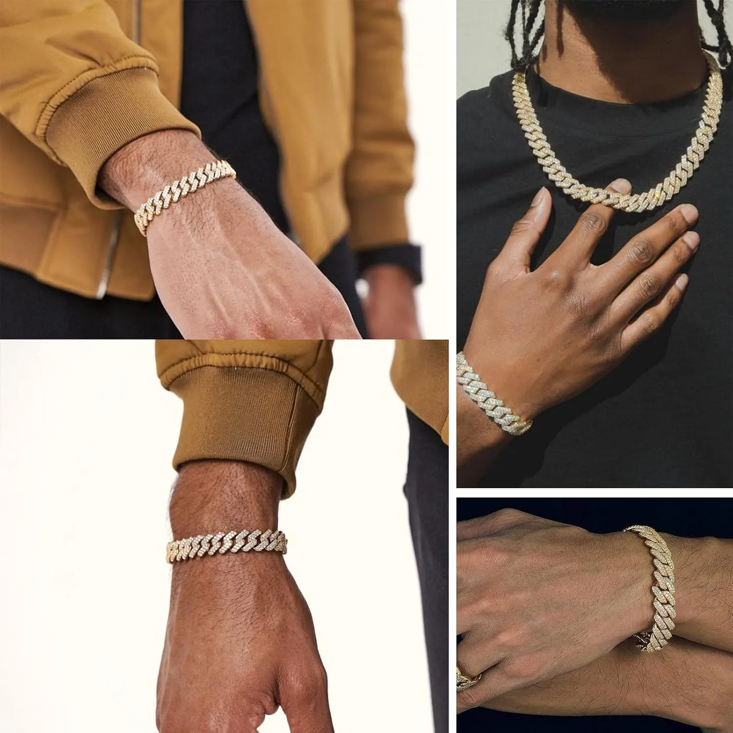 UILZ 2Pcs Cuban Link Bracelet Set for Men Iced Out Miami Cuban Necklace and Bracelet Hip Hop Full CZ Clasp Chain Gift for Him