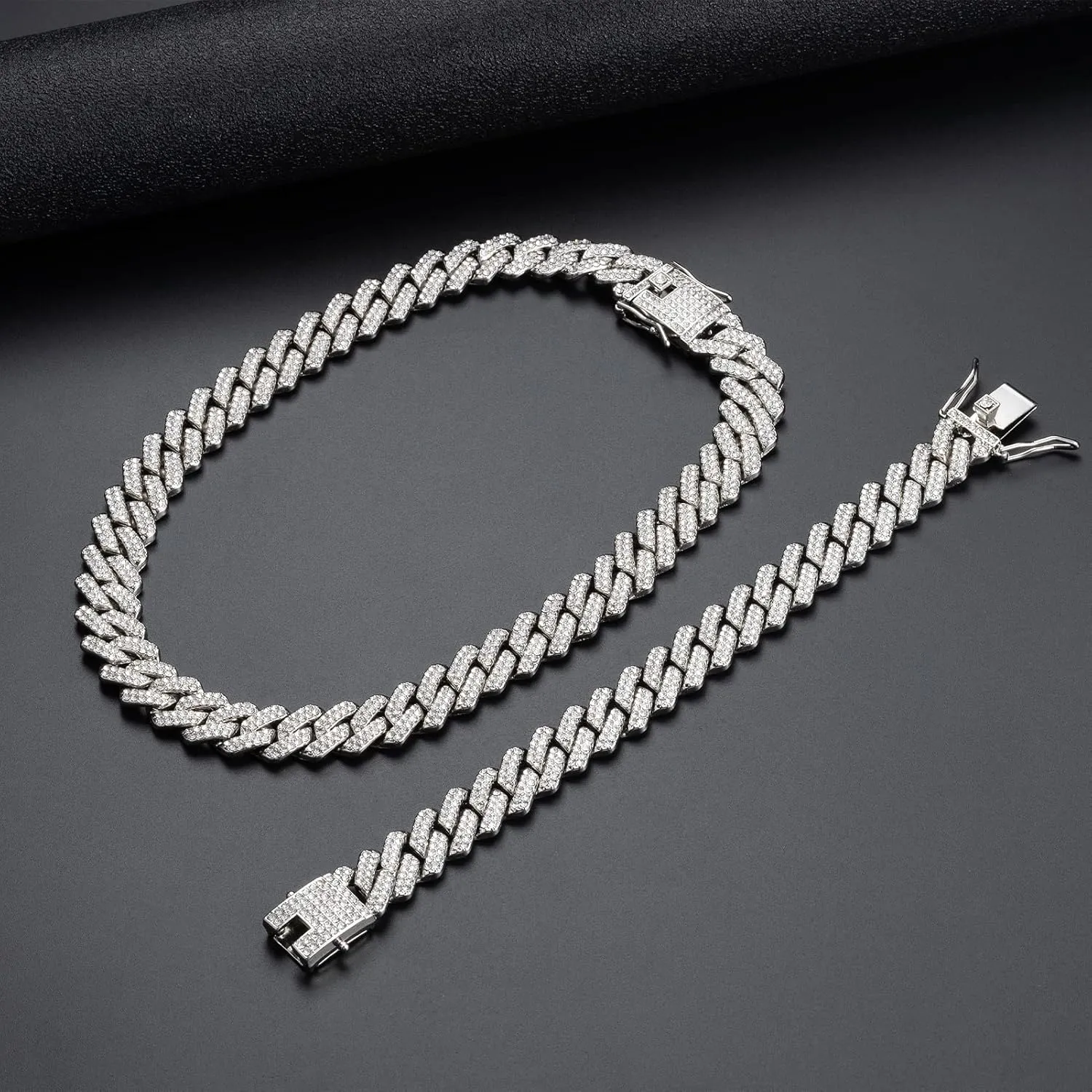 UILZ 2Pcs Cuban Link Bracelet Set for Men Iced Out Miami Cuban Necklace and Bracelet Hip Hop Full CZ Clasp Chain Gift for Him