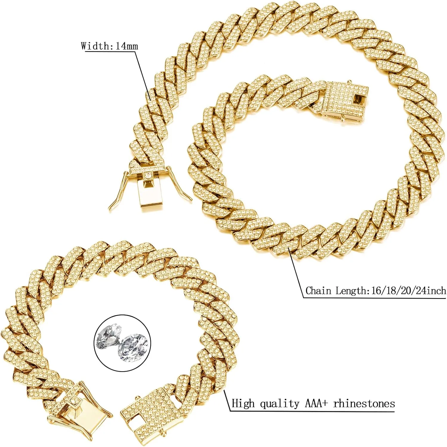 UILZ 2Pcs Cuban Link Bracelet Set for Men Iced Out Miami Cuban Necklace and Bracelet Hip Hop Full CZ Clasp Chain Gift for Him