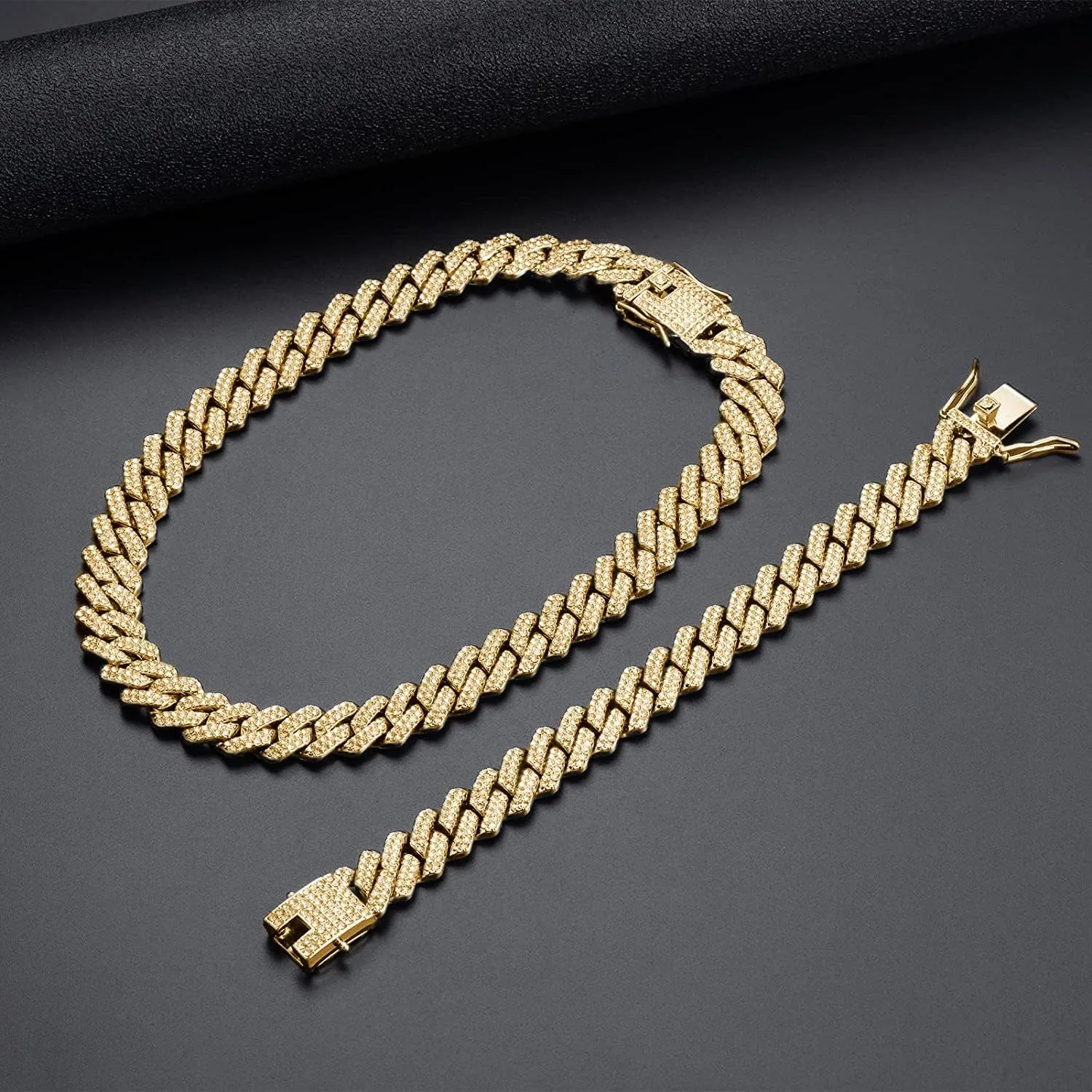 UILZ 2Pcs Cuban Link Bracelet Set for Men Iced Out Miami Cuban Necklace and Bracelet Hip Hop Full CZ Clasp Chain Gift for Him