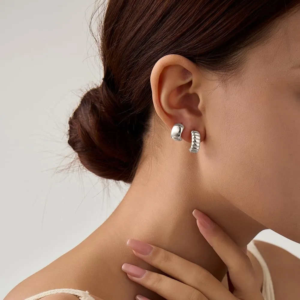 UneDouce 14K Gold Plated Chunky Lightweight Hoop Huggie Earrings for Women | Chic Boho Ribbed Croissant Textured Statement Jewelry Earring I Trendy Earings Stacks Set