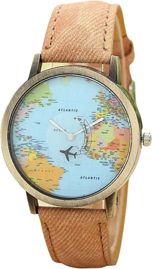 Unisex Retro Bronze Case Global Travel by Plane World Map PU Leather Band Quartz Watch
