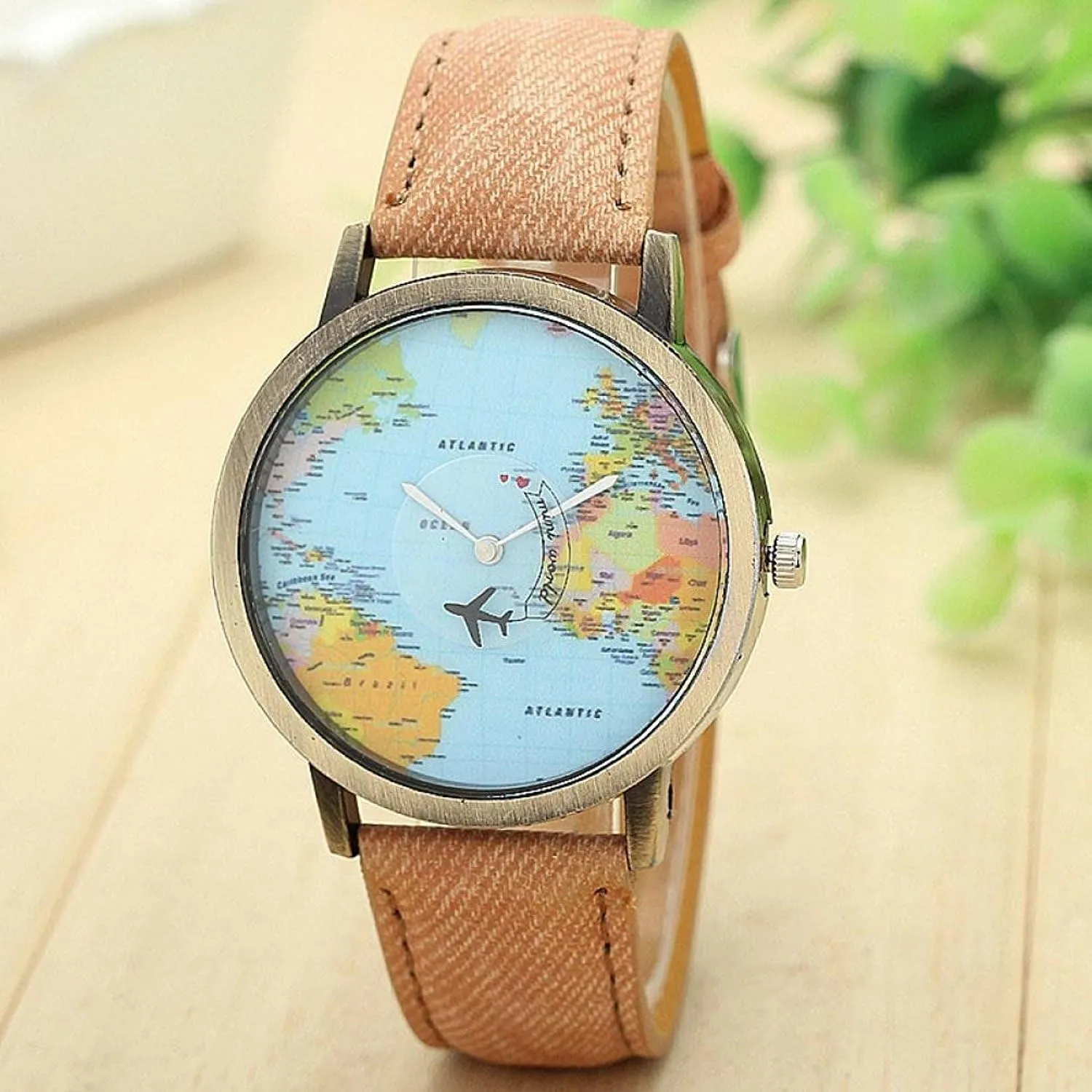 Unisex Retro Bronze Case Global Travel by Plane World Map PU Leather Band Quartz Watch