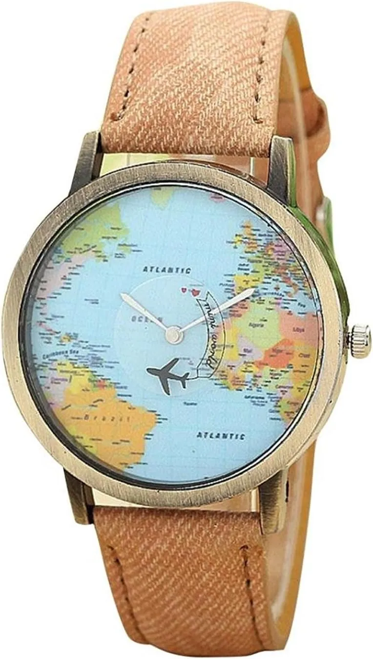 Unisex Retro Bronze Case Global Travel by Plane World Map PU Leather Band Quartz Watch