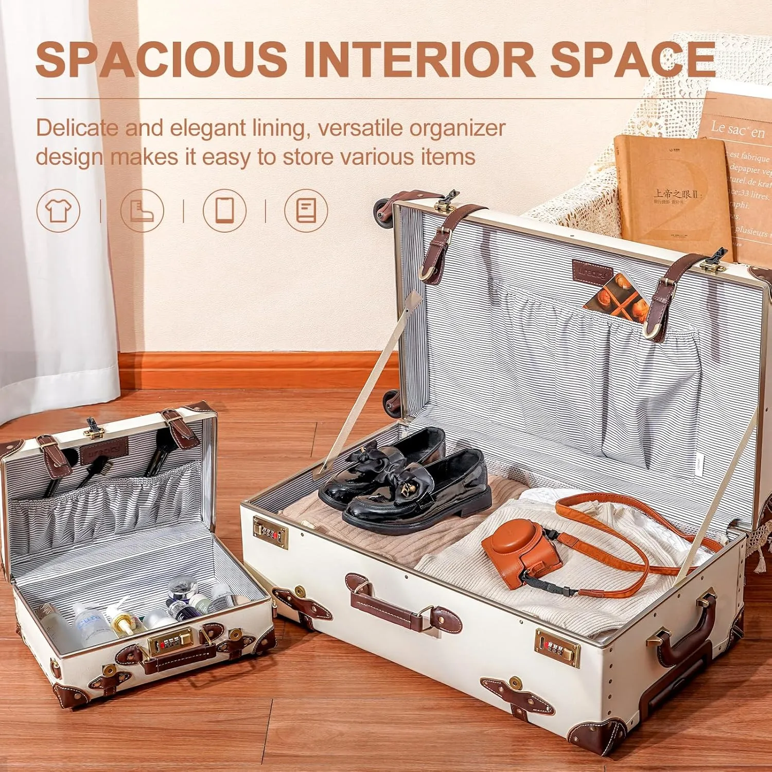 urecity Vintage Suitcase Set for Women, Vintage Luggage Sets for Women 2 Piece, Cute Designer Trunk Luggage, Retro Suit Case, Luggage Zipperless TSA Approved, Holy White, 26" 12"