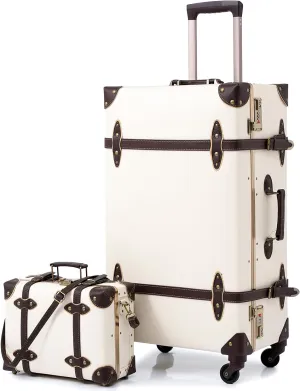 urecity Vintage Suitcase Set for Women, Vintage Luggage Sets for Women 2 Piece, Cute Designer Trunk Luggage, Retro Suit Case, Luggage Zipperless TSA Approved, Holy White, 26" 12"