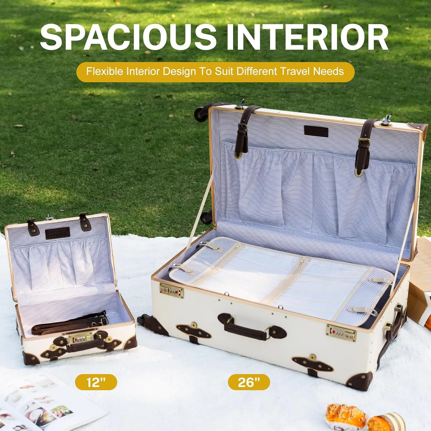 urecity Vintage Suitcase Set for Women, Vintage Luggage Sets for Women 2 Piece, Cute Designer Trunk Luggage, Retro Suit Case, Luggage Zipperless TSA Approved, Holy White, 26" 12"