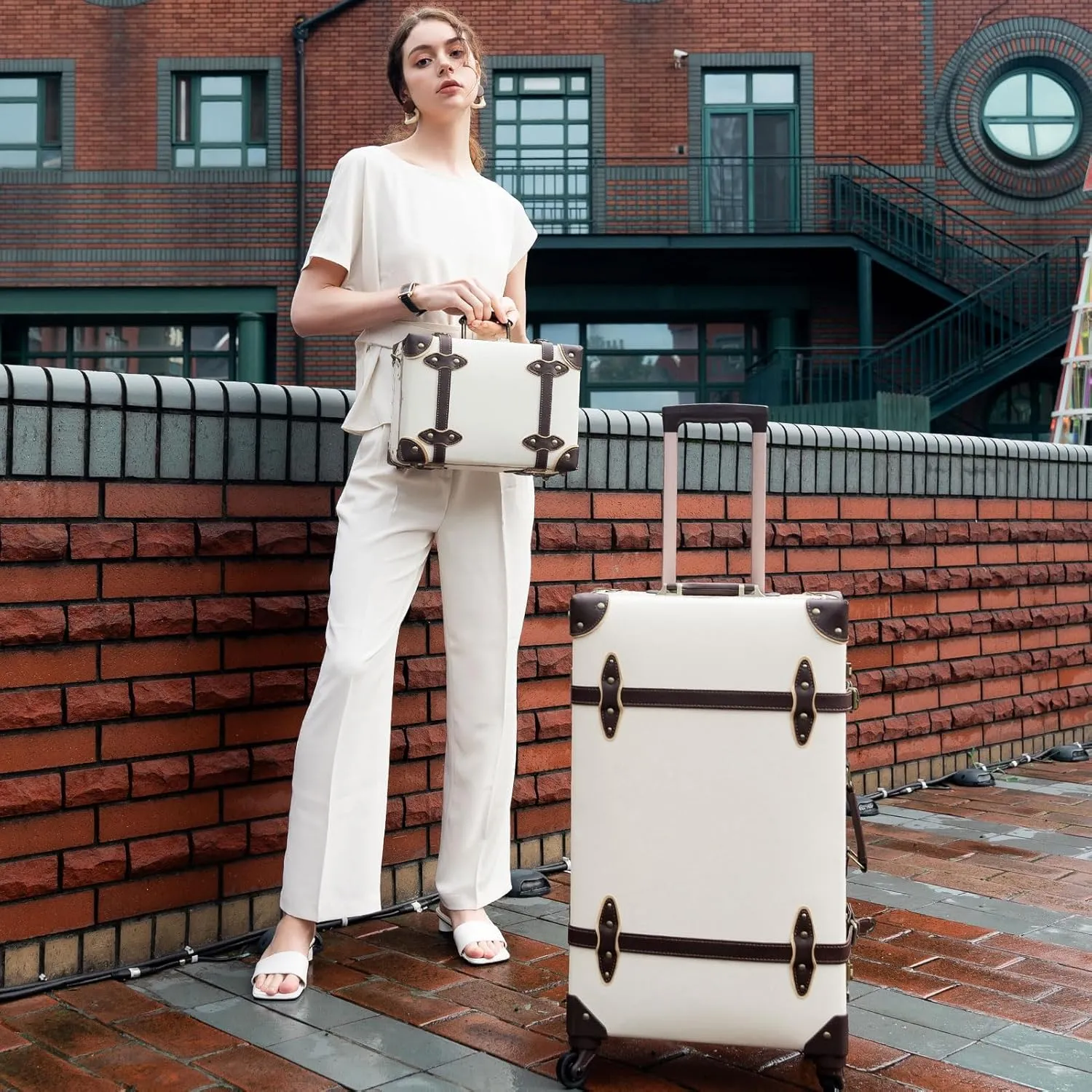 urecity Vintage Suitcase Set for Women, Vintage Luggage Sets for Women 2 Piece, Cute Designer Trunk Luggage, Retro Suit Case, Luggage Zipperless TSA Approved, Holy White, 26" 12"