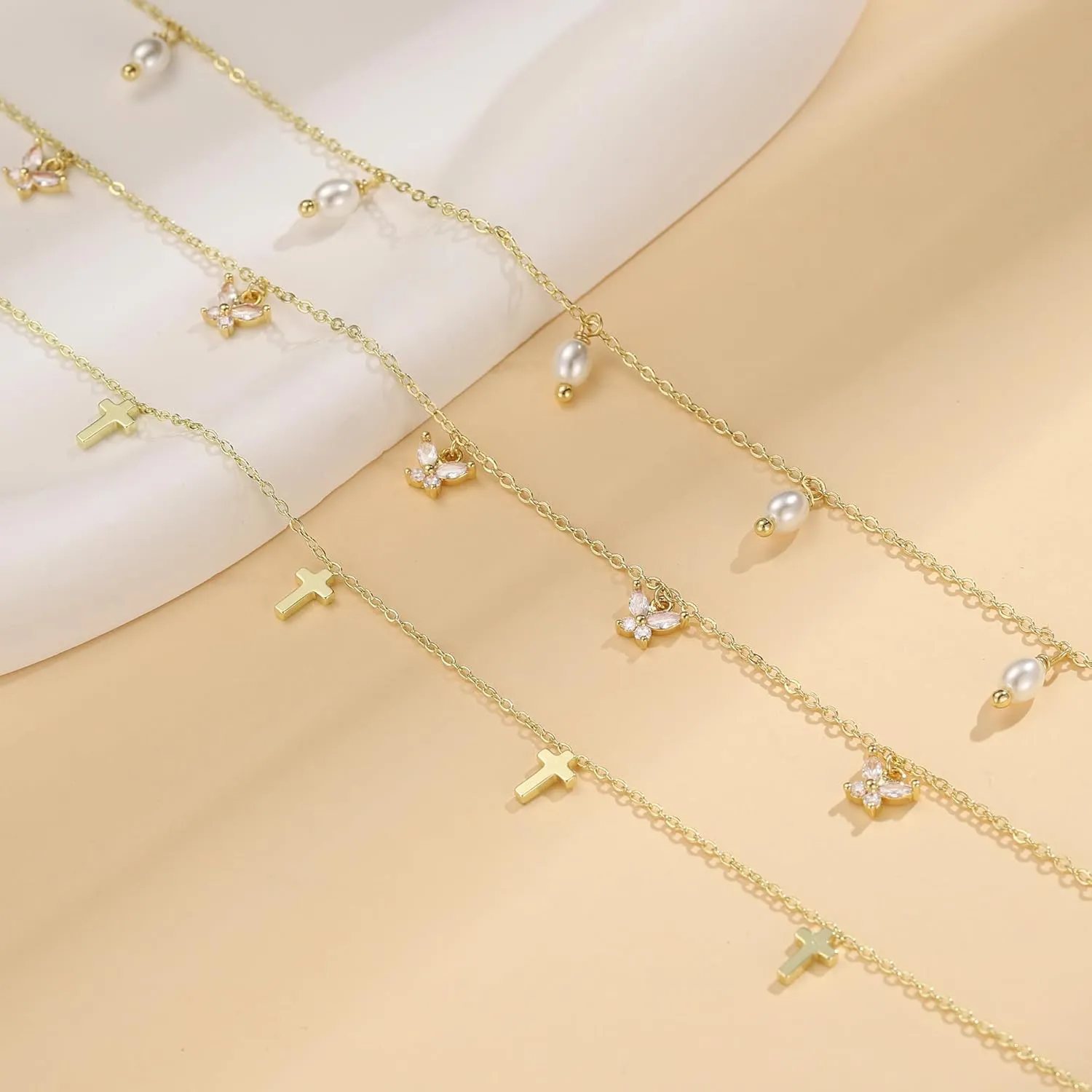 Ursteel Gold Necklace for Women Gifts - Dainty 14K Gold Plated Cross Necklace Cute Clover Butterfly Cubic Zirconia Necklace Pearl Flower Evil Eye Station Necklace Wedding Prom Brides Jewelry Gifts