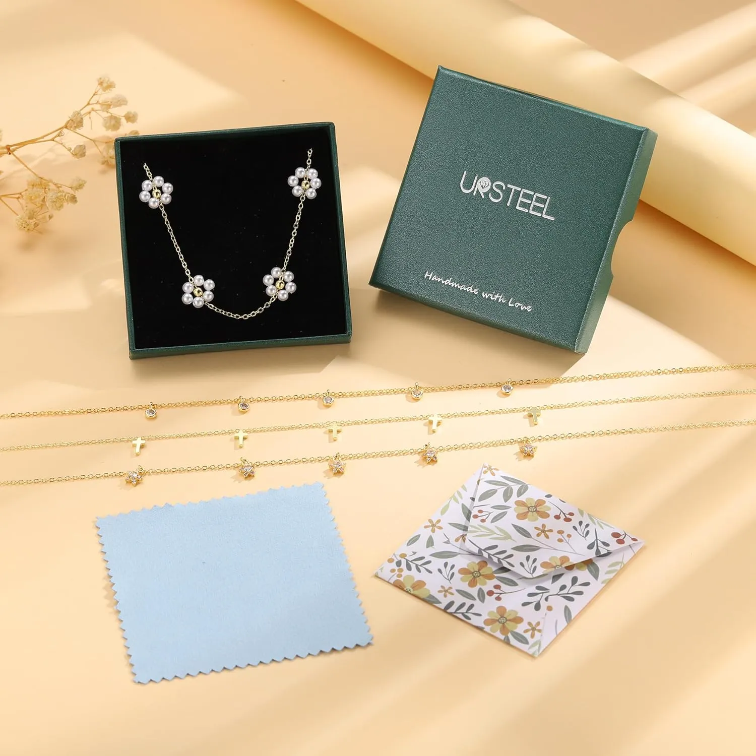 Ursteel Gold Necklace for Women Gifts - Dainty 14K Gold Plated Cross Necklace Cute Clover Butterfly Cubic Zirconia Necklace Pearl Flower Evil Eye Station Necklace Wedding Prom Brides Jewelry Gifts