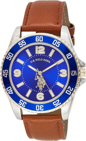 U.S. Polo Assn. Men's Brown Leather Strap Watch with Blue Dial and Silver-Tone Case  Analog Quartz Timepiece with Sport Bezel Accent Box Included Fits Wrists 5.5"-8"