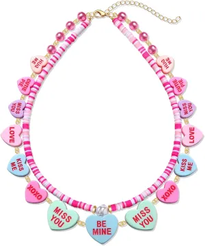 Valentines Conversation Heart Necklace Pink Pearl Beaded Conversation Hearts Necklace HeiShi Clay Layered Necklace Valentine's Day Concert Party Necklace Jewelry Accessory