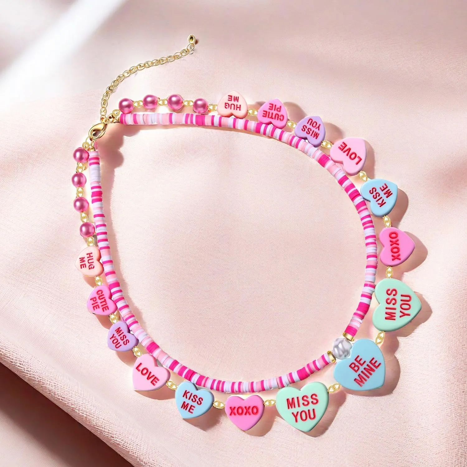 Valentines Conversation Heart Necklace Pink Pearl Beaded Conversation Hearts Necklace HeiShi Clay Layered Necklace Valentine's Day Concert Party Necklace Jewelry Accessory