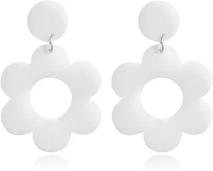 Vintage 60s 70s Big Flower Dangle Earrings Colorful Floral Acrylic Daisy Flower Drop Earring Hawaii Plant Earrings Statement Jewelry for Women