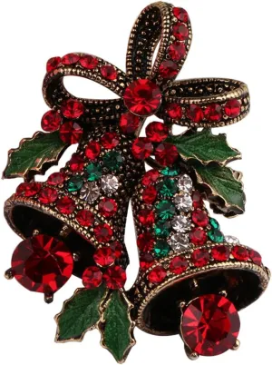 Vintage Christmas Bowknot Double Bells Brooch with Green Leaves and Colorful Rhinestones for Women
