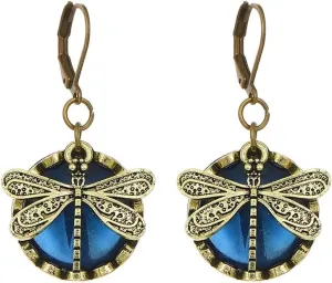 Vintage Dragonfly Butterfly Moonstone Dangle Leverback Earrings Filigree Insect Round Gemstone Dangling Drop Earring Fashion Jewelry Gifts for Women Mom